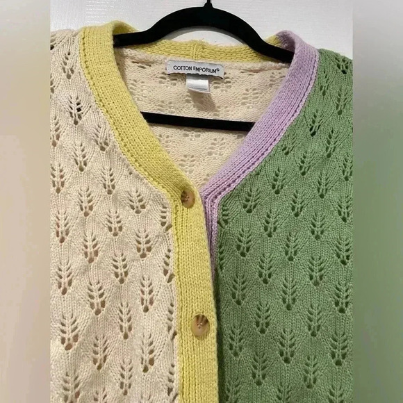 Cotton Emporium Cropped Open Knit Color Block V Neck Button Cardigan Size M - Picture 3 of 8